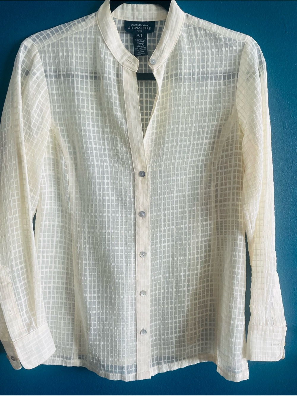 Cotton blend Sheer Grid-Pattern Button-Up Shirt by Jones New York